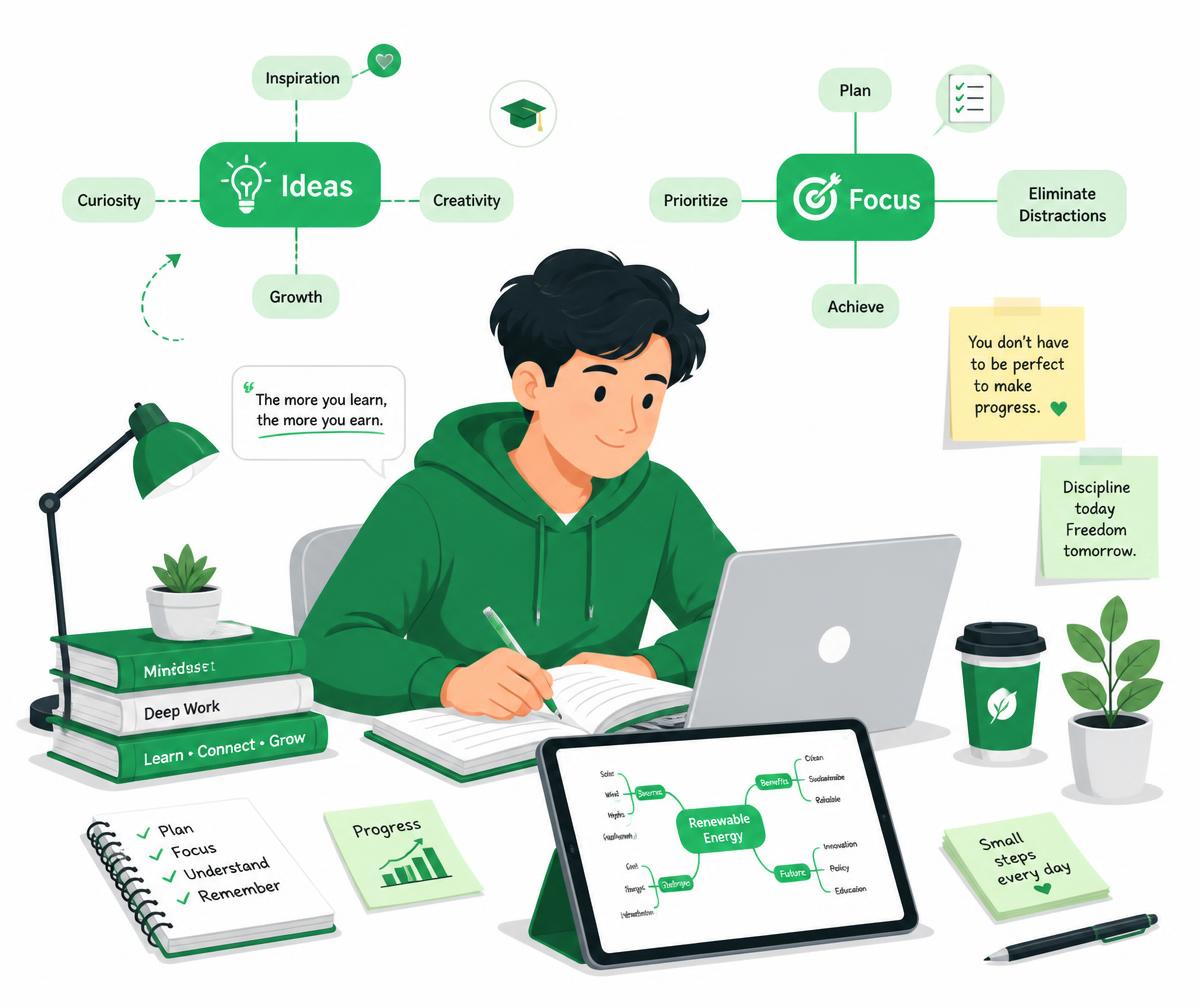 Estudante organizando mapas mentais e resumos visuais no notebook e no tablet